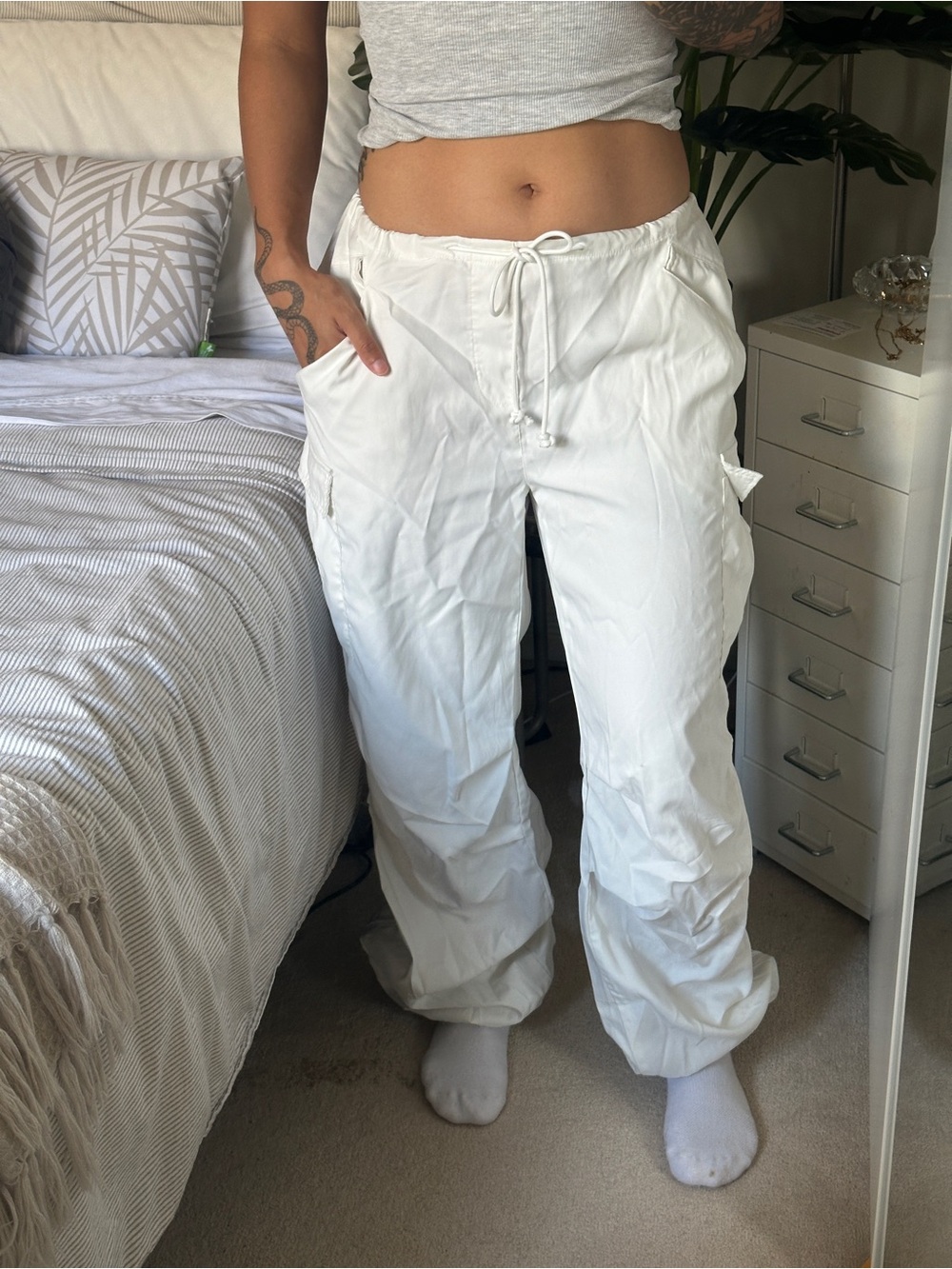White Drawstring Cargo Pants for Women